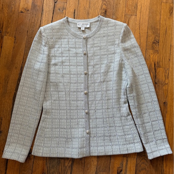 St. John Tops - St. John Silver Embellished Cardigan with Rhinestone Detail & Metal Buttons Sz 6